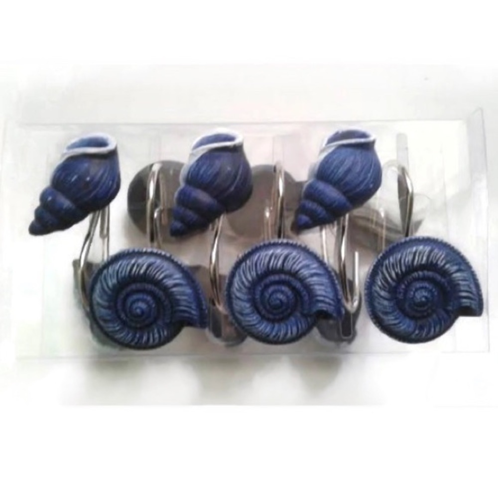 Coastal Ocean Seashell Shower Hooks Blue White Beachy Decor Set of 12 - Picture 9 of 11